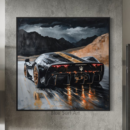 Framed painting of a black sports car on a mountain road by Blue Surf Art