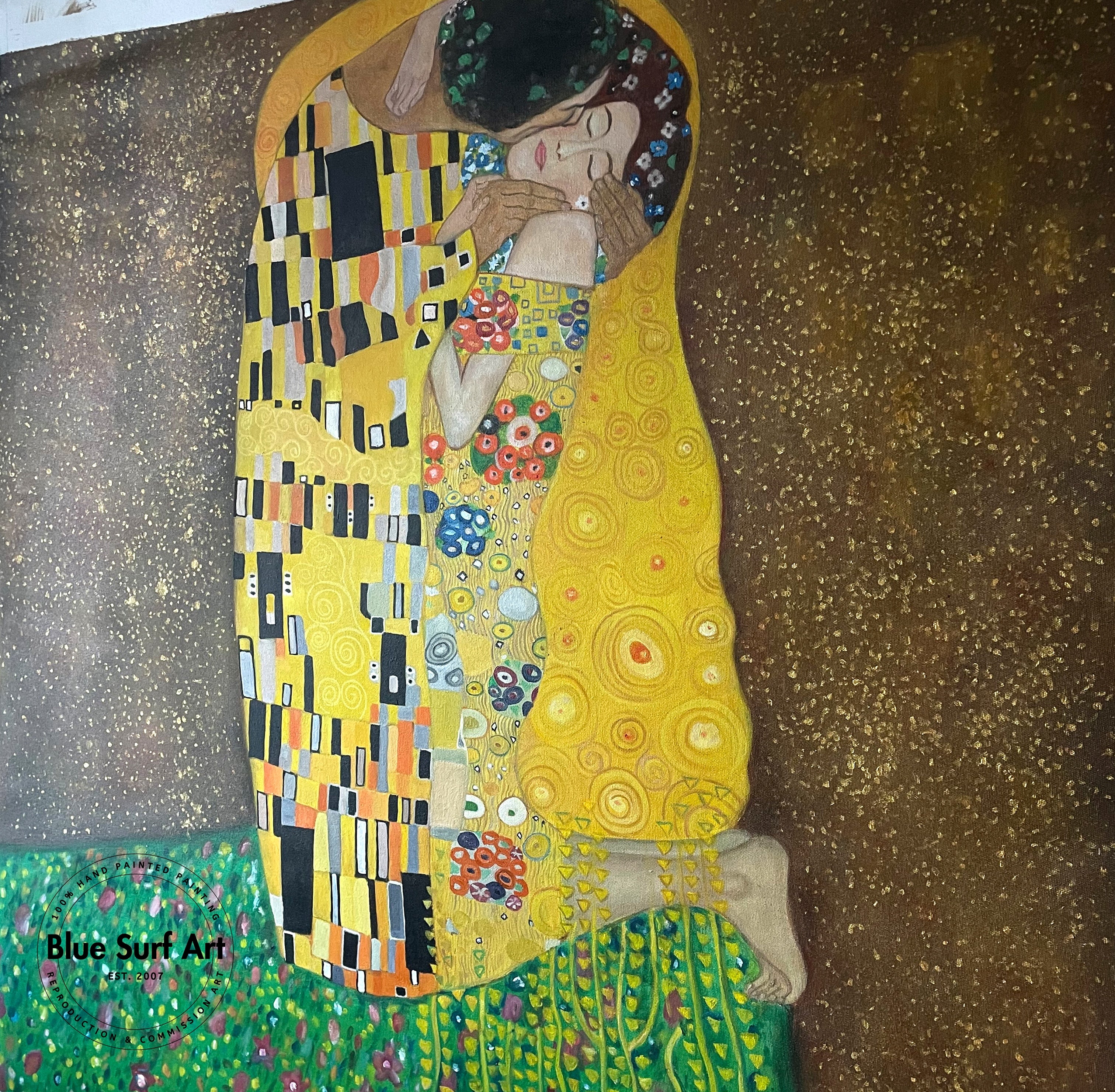 Museum-quality oil painting reproduction of Klimt's The Kiss