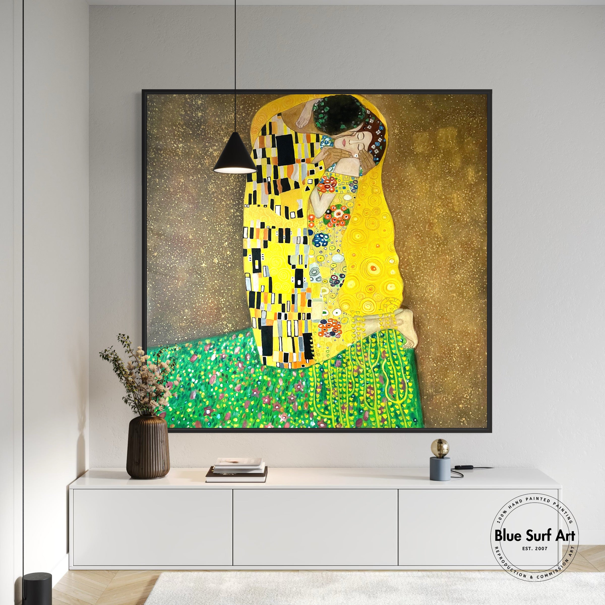 Museum-quality oil painting reproduction of Klimt’s The Kiss