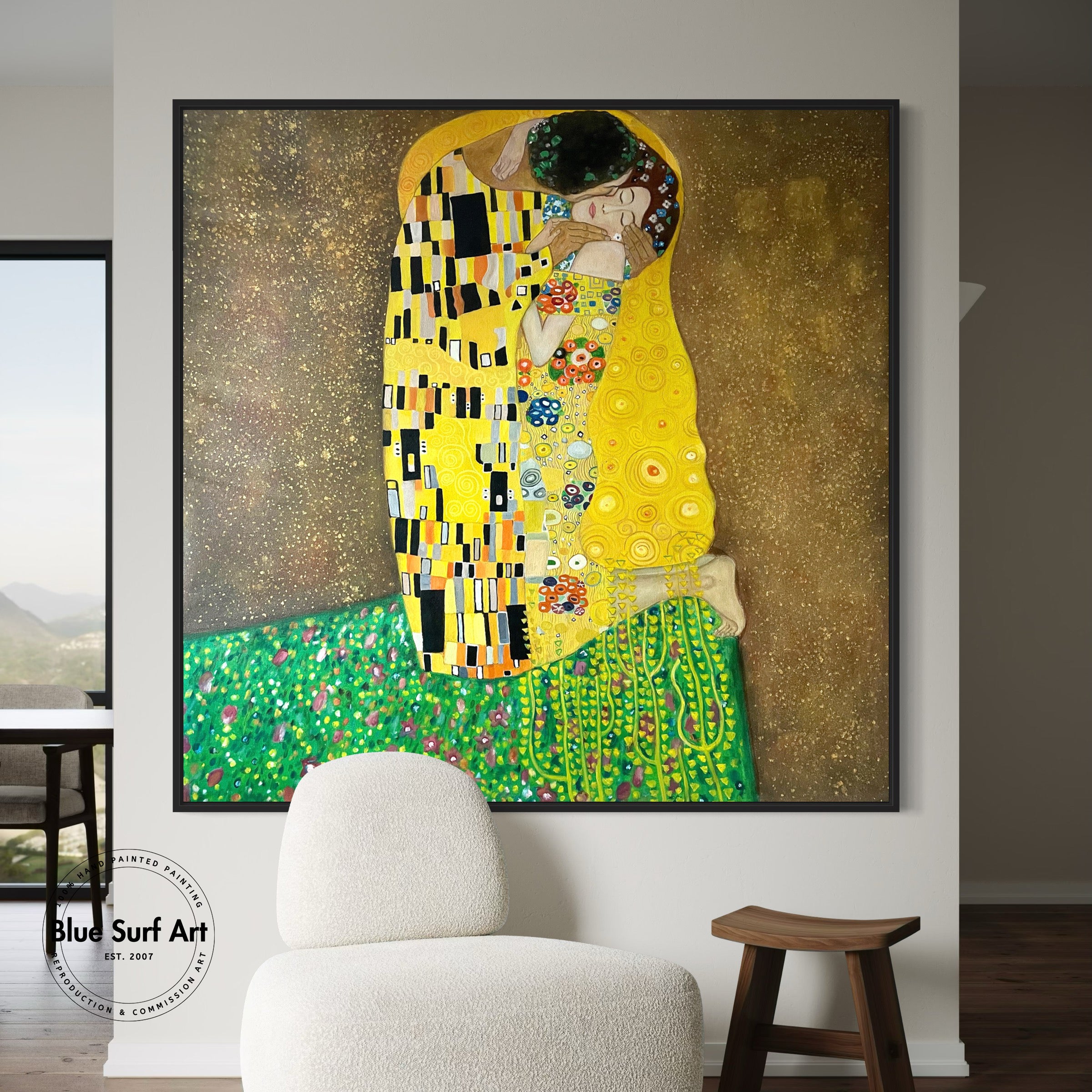 Museum-quality oil painting reproduction of Klimt’s The Kiss
