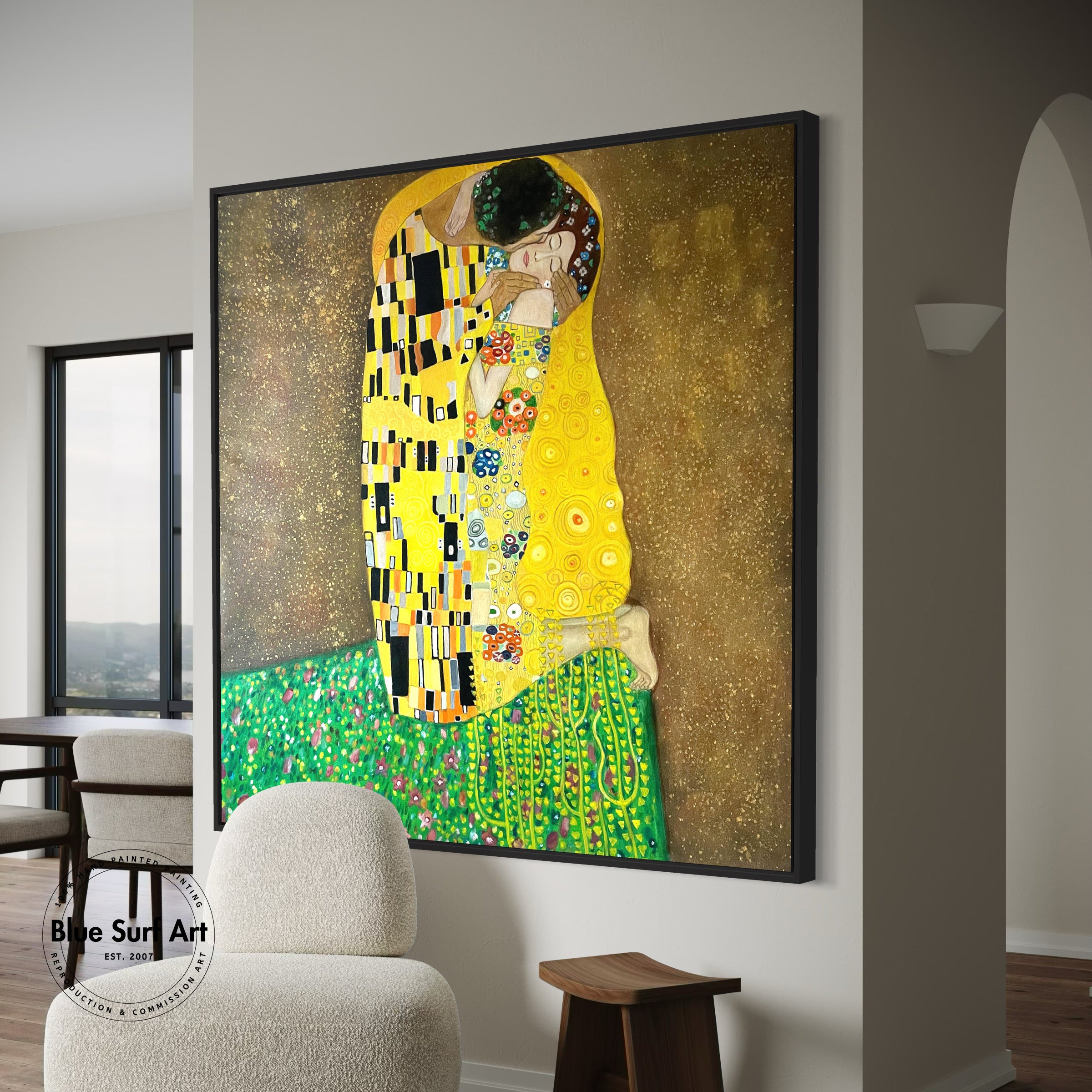 Museum-quality oil painting reproduction of Klimt’s The Kiss