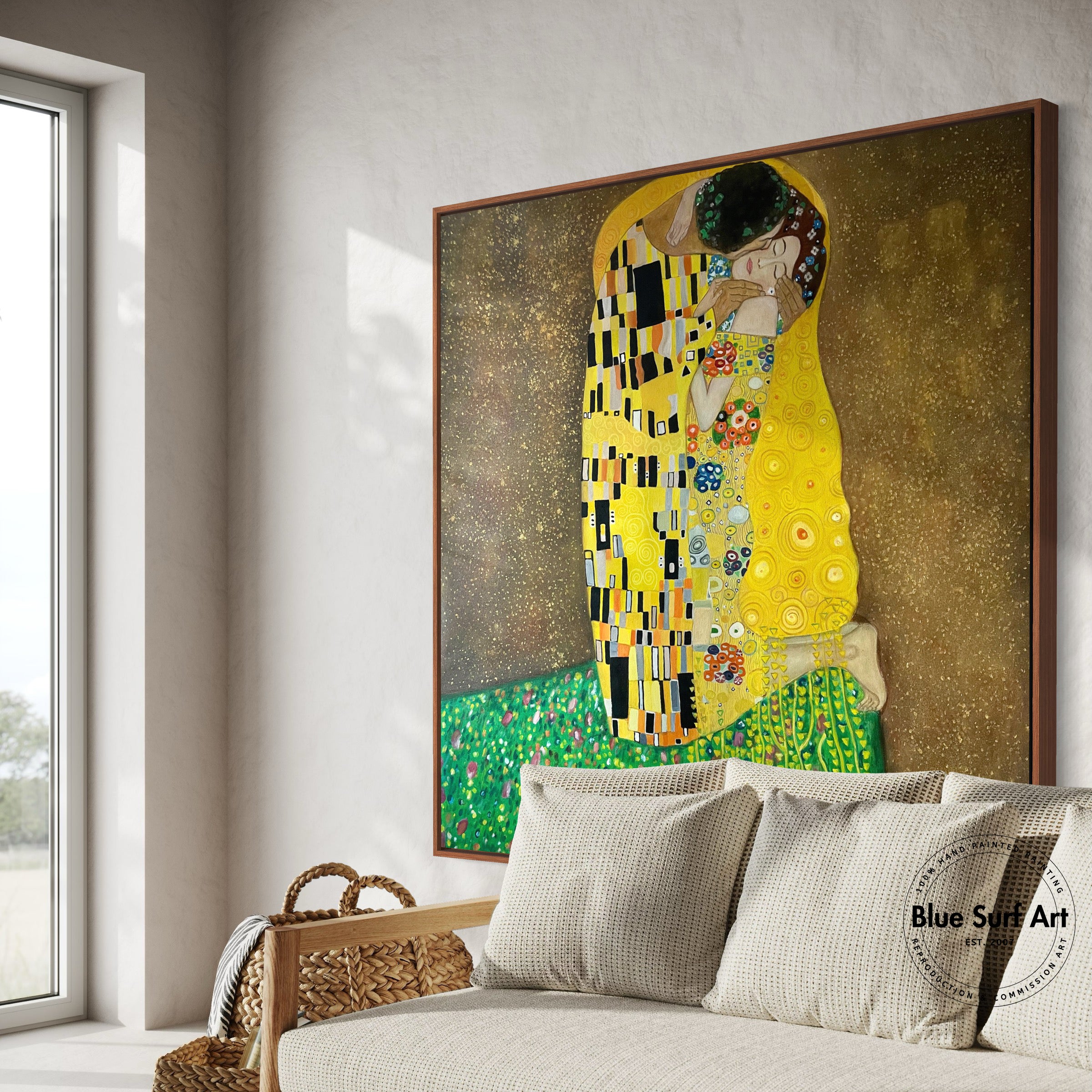 Museum-quality oil painting reproduction of Klimt’s The Kiss