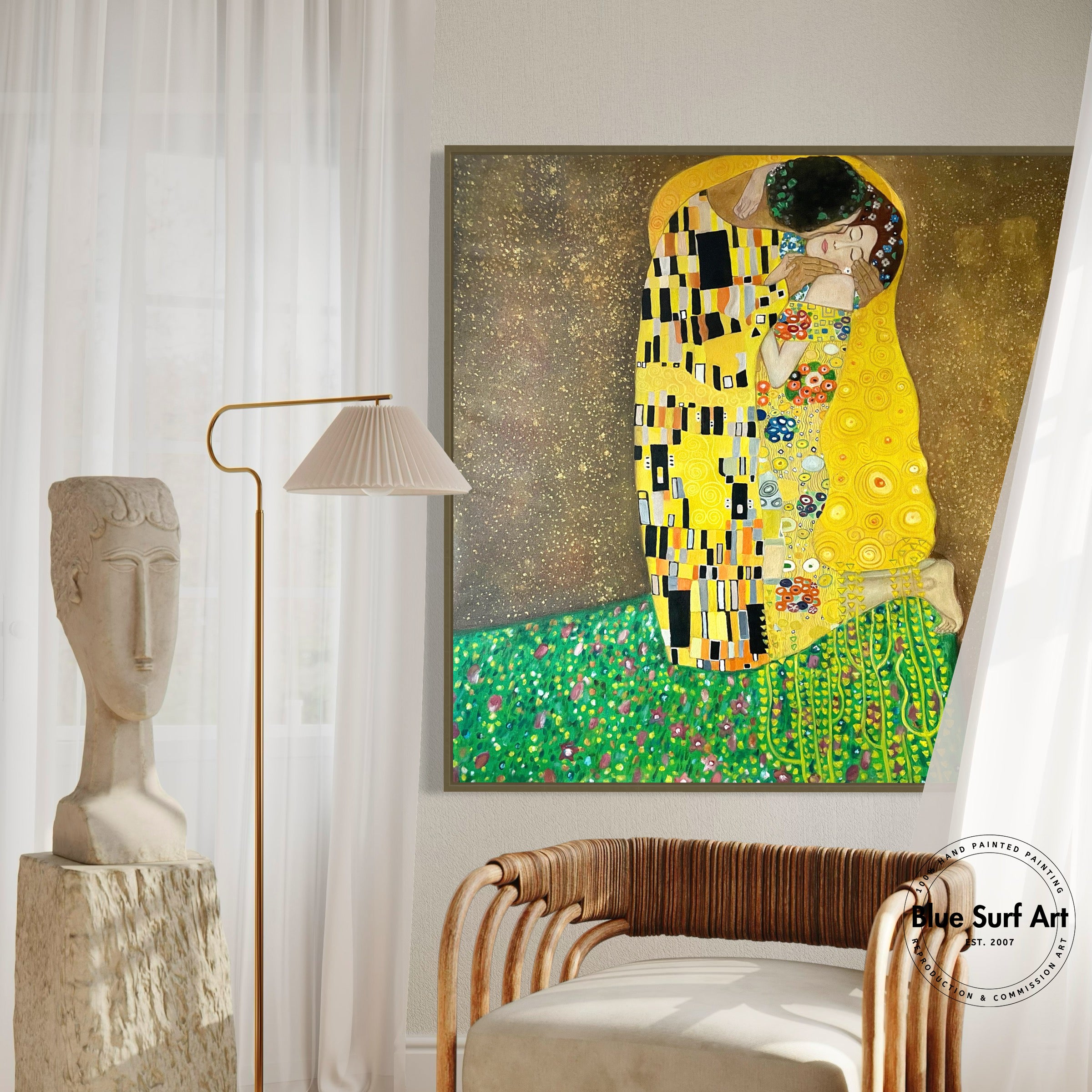 Museum-quality oil painting reproduction of Klimt’s The Kiss