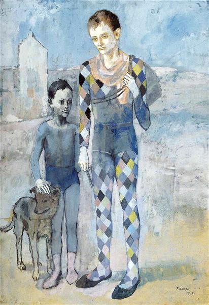 Two acrobats with a dog painting by Pablo Picasso's Rose Period