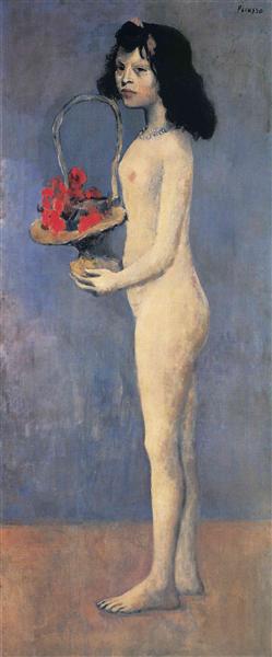 Young naked girl with flower basket painting Pablo Picasso's Rose Period