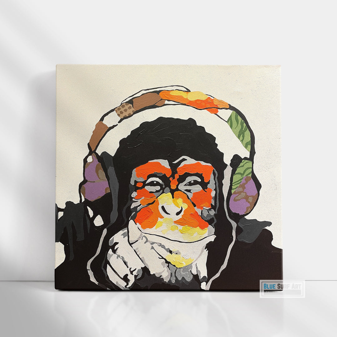 Monkey with music headphones wall art, monkey canvas art painting, kid art, kids room art - blue surf art