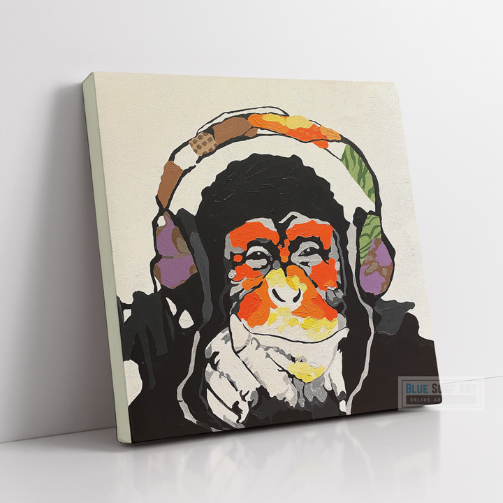 Monkey with music headphones wall art, monkey canvas art painting, kid art, kids room art - blue surf art - 2