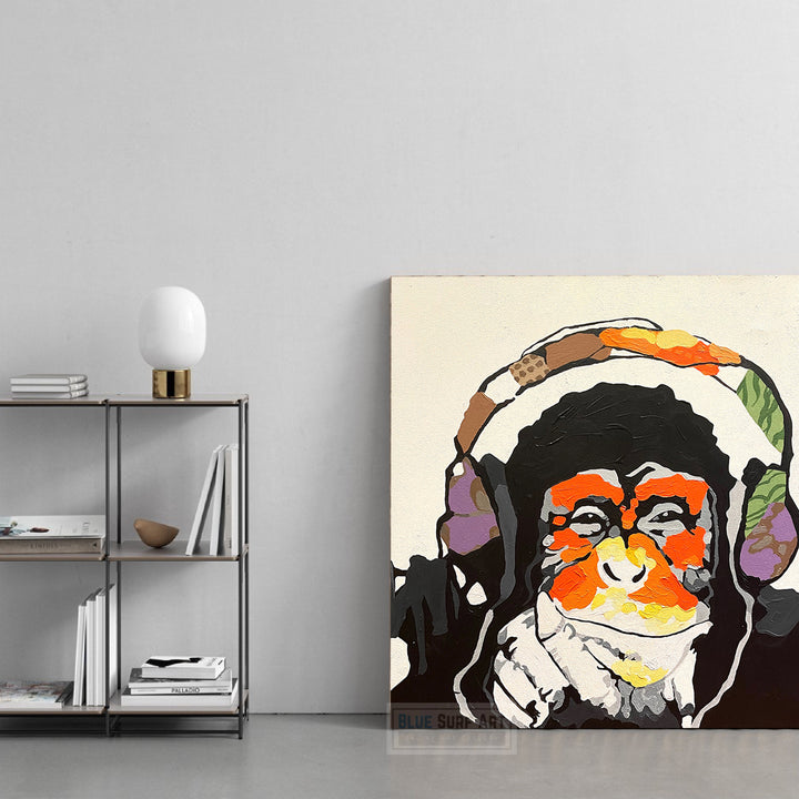 Monkey with music headphones wall art, monkey canvas art painting, kid art, kids room art - blue surf art - 4