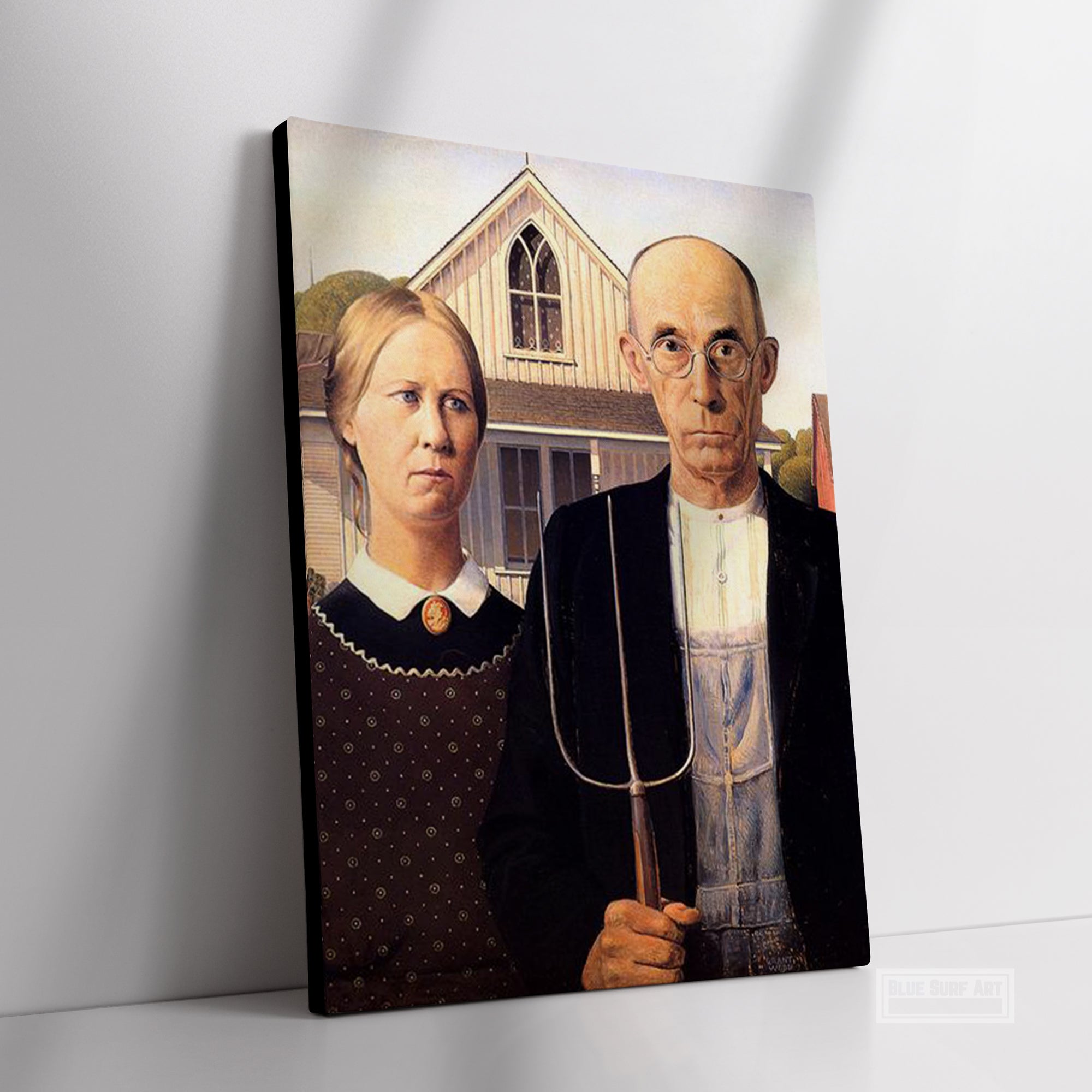 American Gothic by Grant Wood Reproduction Oil on Canvas – Blue