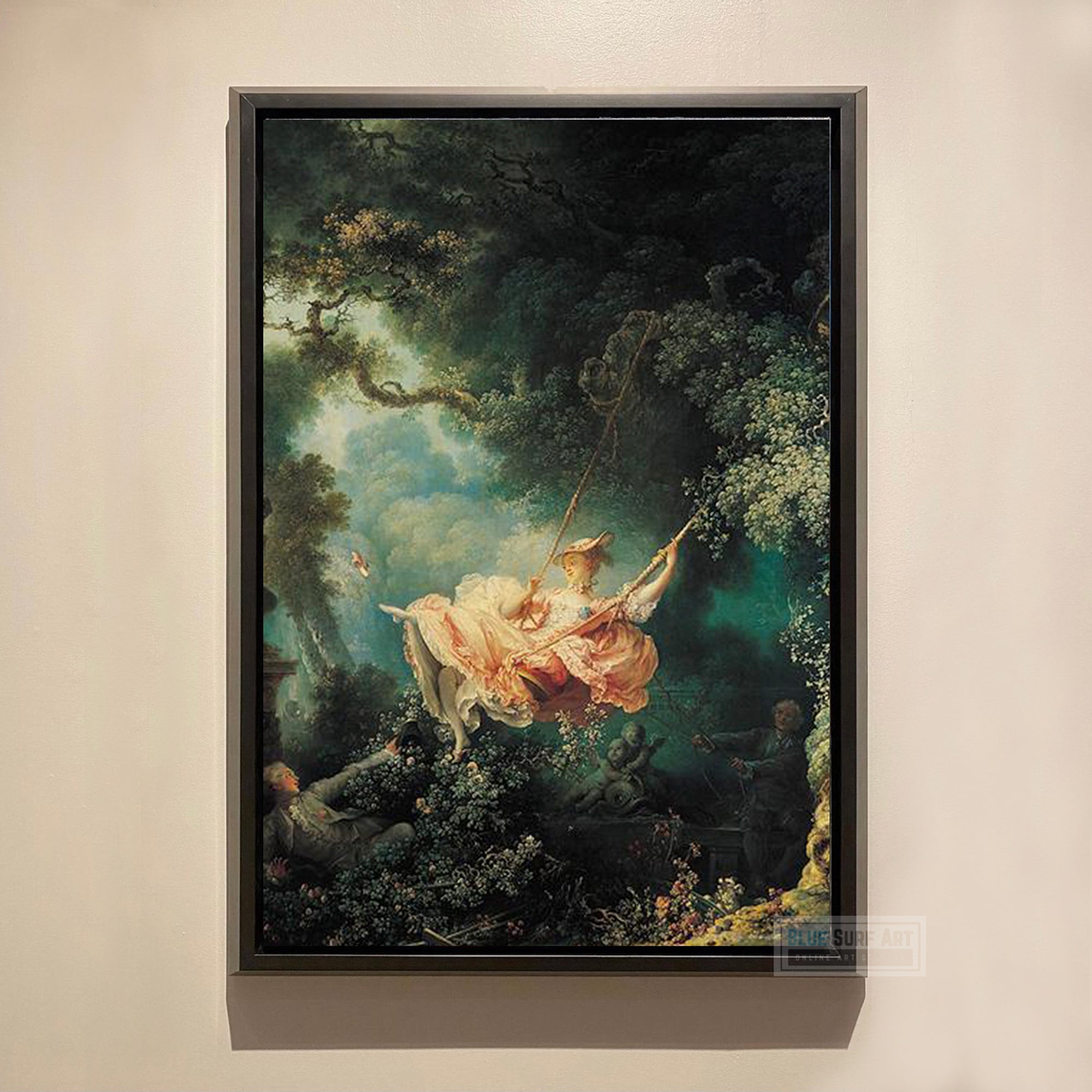 The Swing by Jean-Honoré Fragonard. Jean Fragonard artwork, Jean Fragonard painting, Jean Fragonard masterpiece, Jean Fragonard reproduction. Jean Fragonard famous artwork - blue surf art