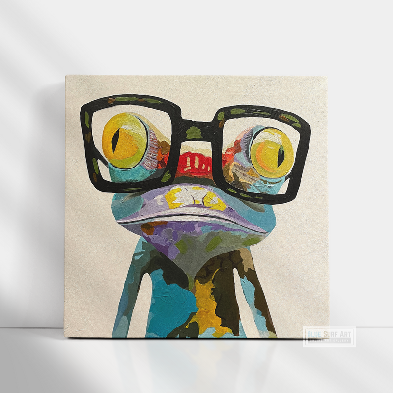 Frog with glasses, frog nerd art, Geek frog wall art, oil painting art, kid room art -2