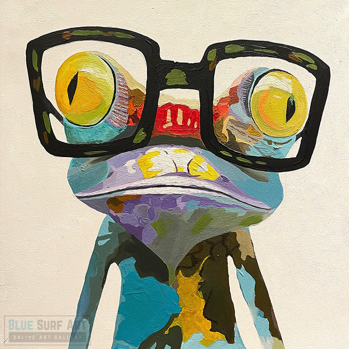 Frog with glasses, frog nerd art, Geek frog wall art, oil painting art, kid room art