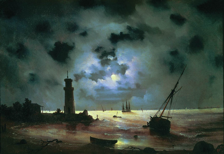 Sea coast at night. Near the beacon by Ivan Aivazovsky Reproduction Painting