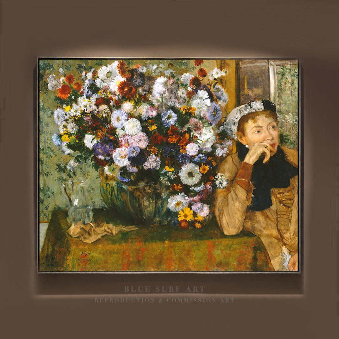 Woman Seated beside a Vase of Flowers, 1865 by Edgar Degas Reproduction Wall Art Oil Painting - Blue Surf Art .com