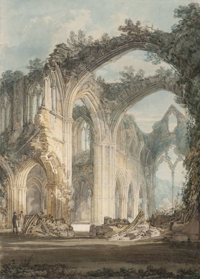 Tintern Abbey, The Crossing and Chancel, Looking towards the East Window by J. M. W. Turner. Turner artworks, Turner canvas art, J. M. W. Turner oil painting, Turner reproduction for sale. Landscape paintings, Turner art decor, Turner oil painting on canvas, Blue Surf Art