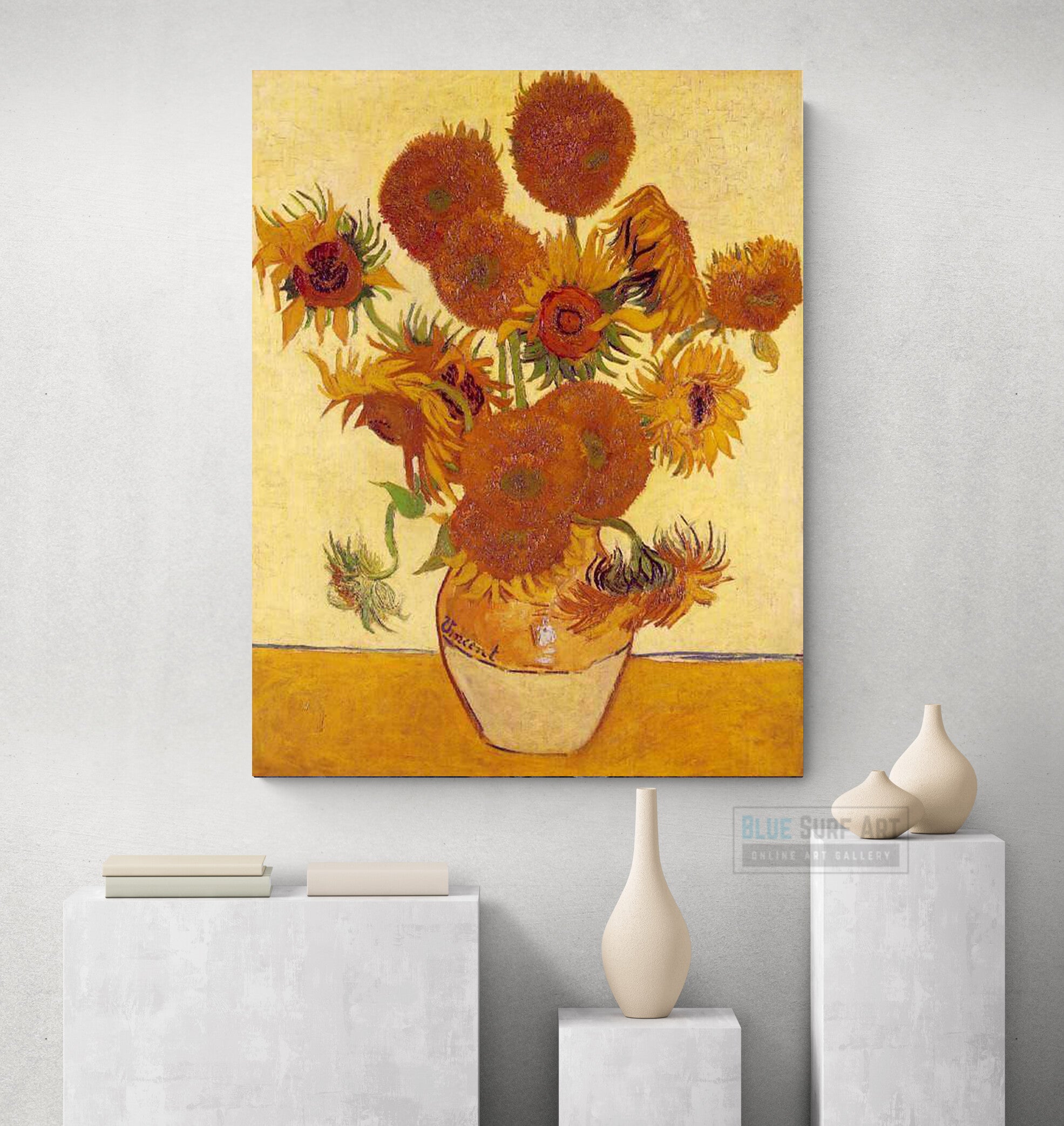 Sunflowers, 1888 by Vincent van Gogh, reproduction, blue surf art, flowers art