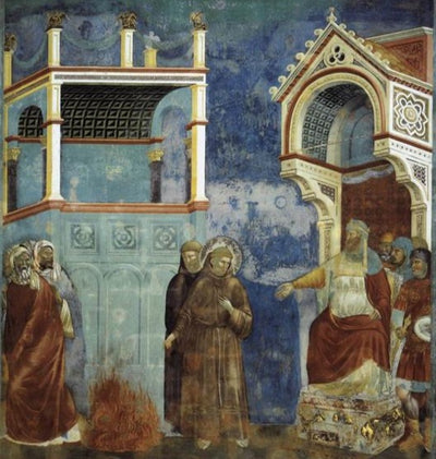 The Trial by Fire, St. Francis offers to walk through fire, to convert the Sultan of Egypt by Giotto di Bondone Reproduction for Sale by Blue Surf Art