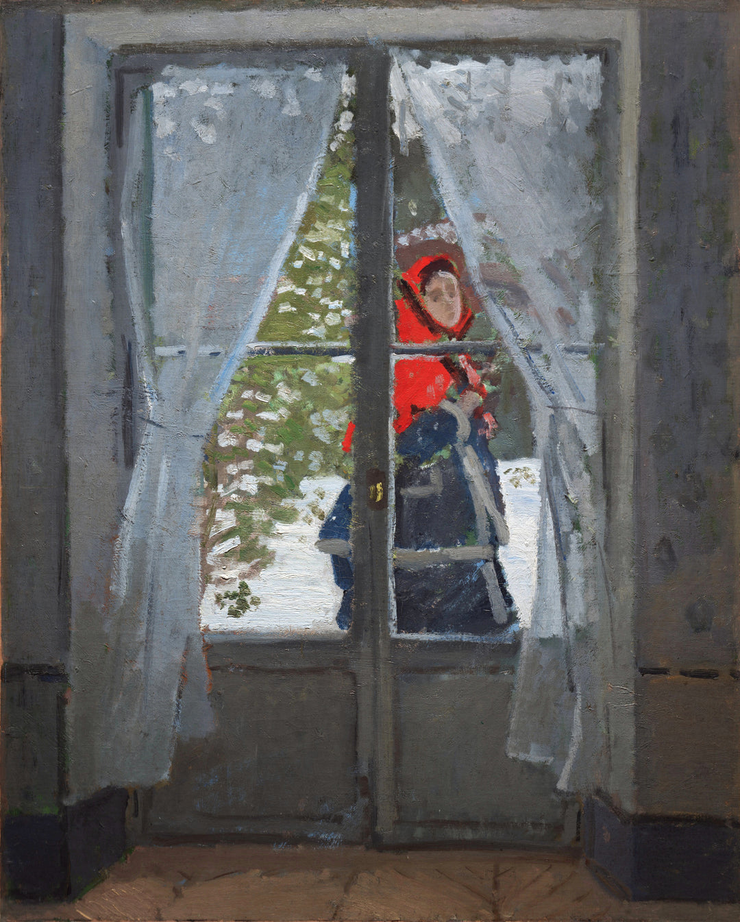 The Red Cape (Madame Monet) by Claude Monet. Reproduction wall art, oil painting on canvas, blue surf art