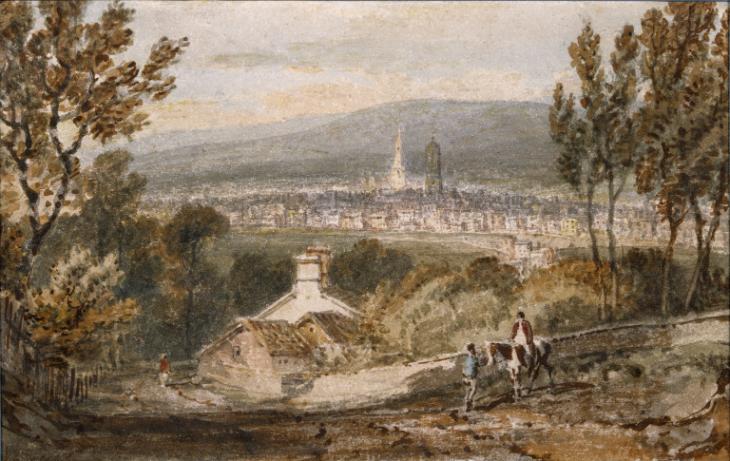 Sheffield, from Derbyshire Lane by J. M. W. Turner. Turner artworks, Turner canvas art, J. M. W. Turner oil painting, Turner reproduction for sale. Landscape paintings, Turner art decor, Turner oil painting on canvas, Blue Surf Art