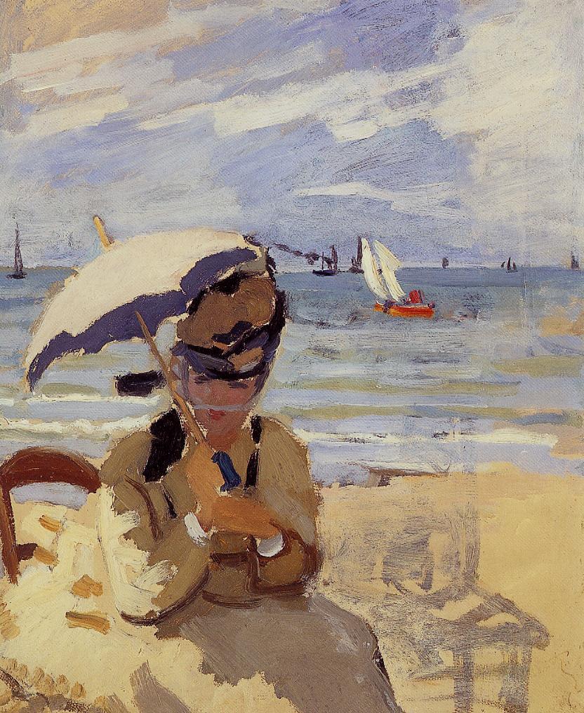 Camille Sitting on the Beach at Trouville by Claude Monet. Reproduction oil painting on canvas, wall art home decor,