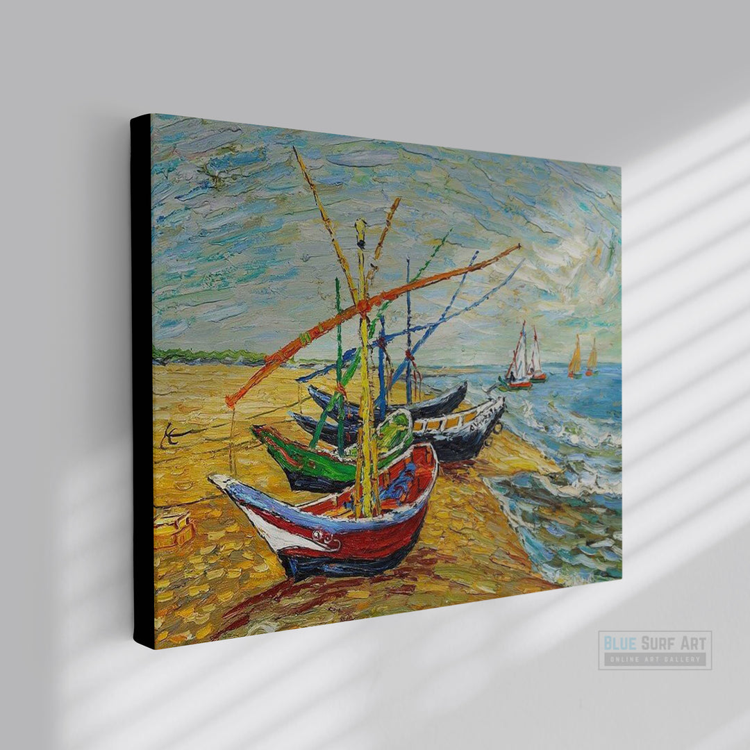Fishing Boats On The Beach, 1888 by Vincent van Gogh - Reproduction by Blue Surf Art