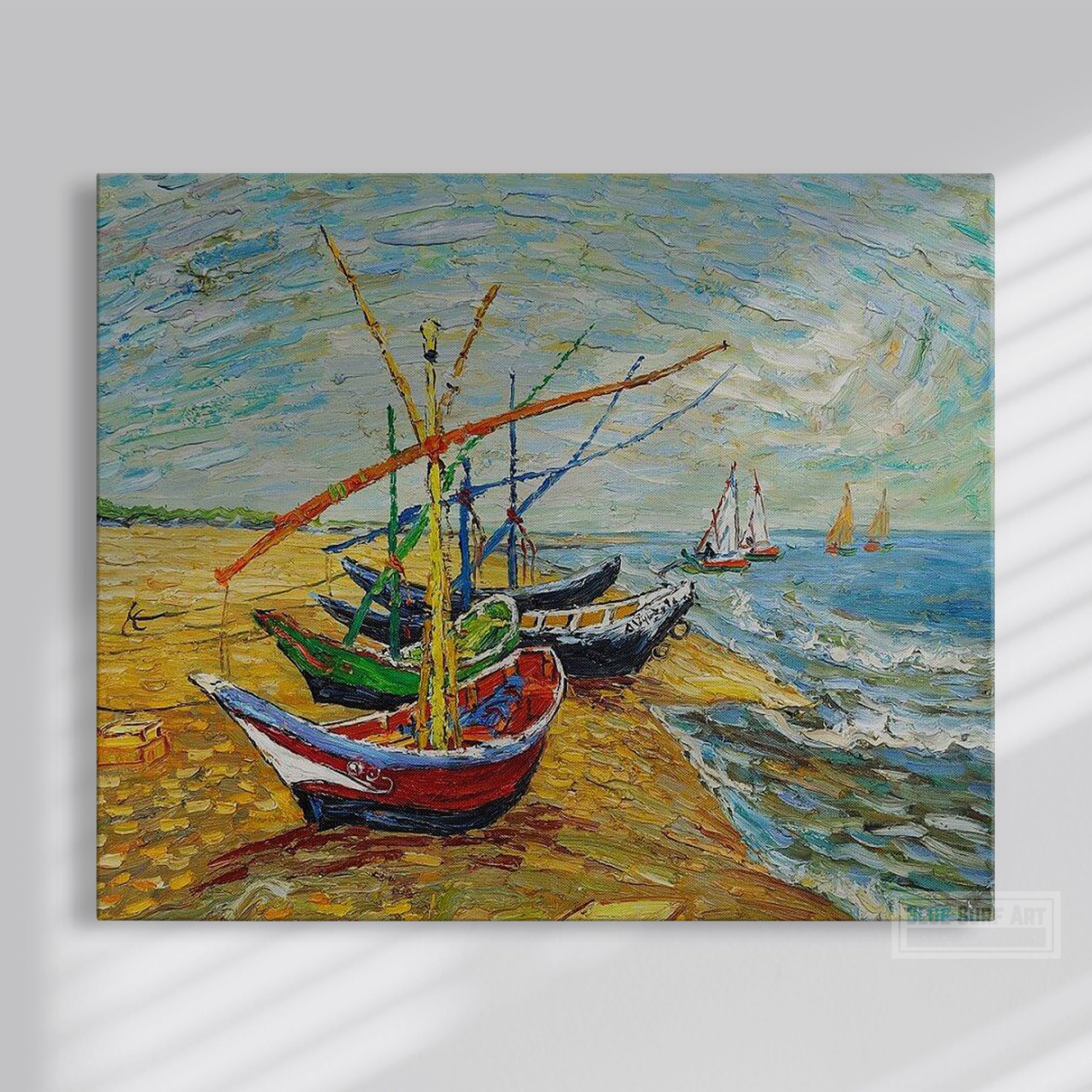 Fishing Boats On The Beach, 1888 by Vincent van Gogh - Reproduction by Blue Surf Art