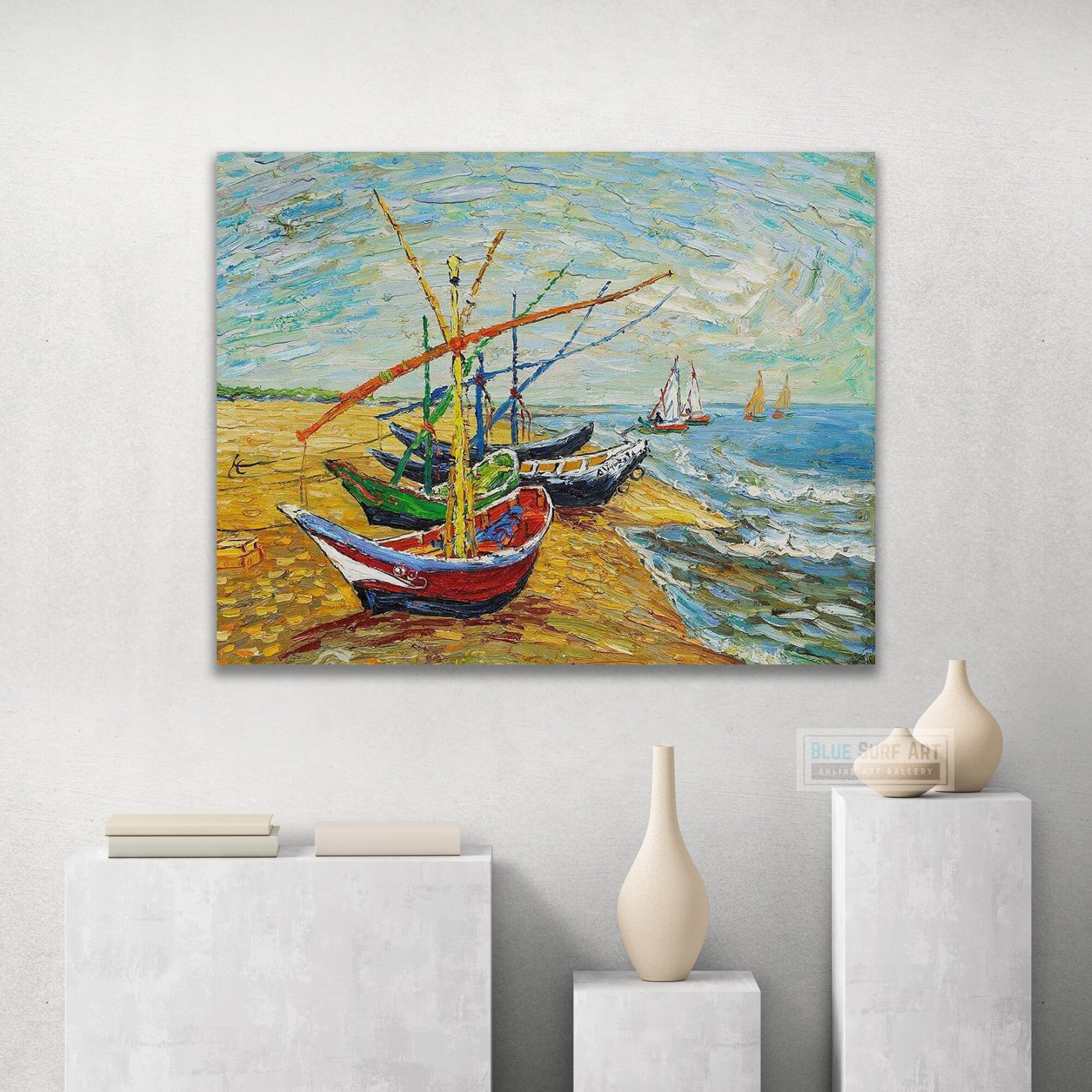 Fishing Boats On The Beach, 1888 by Vincent van Gogh - Reproduction by Blue Surf Art