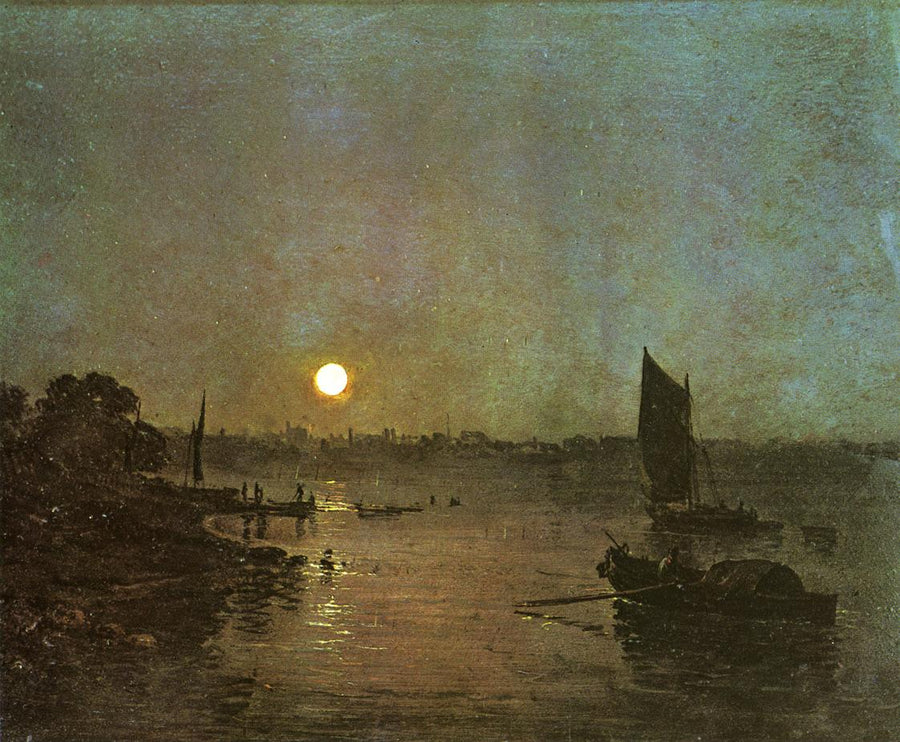 Moonlight, A Study at Millbank by J. M. W. Turner. Turner artworks, Turner canvas art, J. M. W. Turner oil painting, Turner reproduction for sale. Landscape paintings, Turner art decor, Turner oil painting on canvas, Blue Surf Art