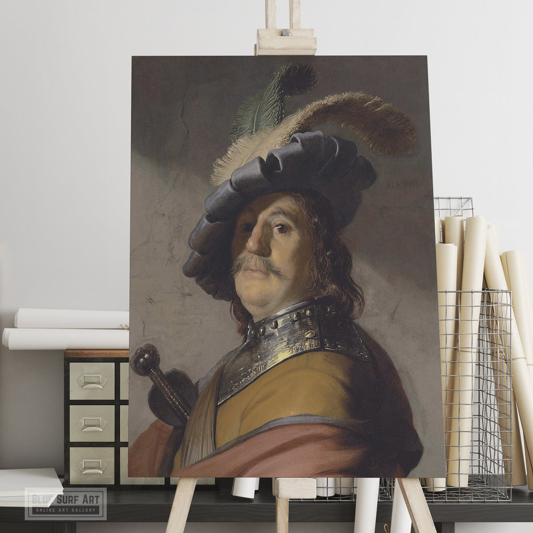 Bust of a Man Wearing a Gorget and Plumed Beret by Rembrandt Wall Art Reproduction for Sale by Blue Surf Art - studio