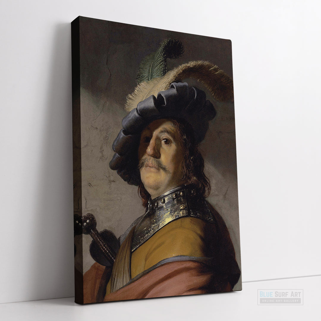 Bust of a Man Wearing a Gorget and Plumed Beret by Rembrandt Wall Art Reproduction for Sale by Blue Surf Art - 2