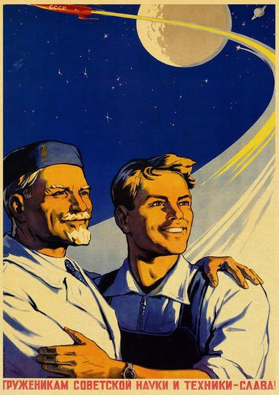 Spacecraft Soviet Russian Propaganda Two Happy Men Vintage Poster Art