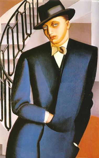 The Marquis D'Afflitto on a Staircase Painting by Tamara de Lempicka Reproduction Wall Art - Blue Surf Art