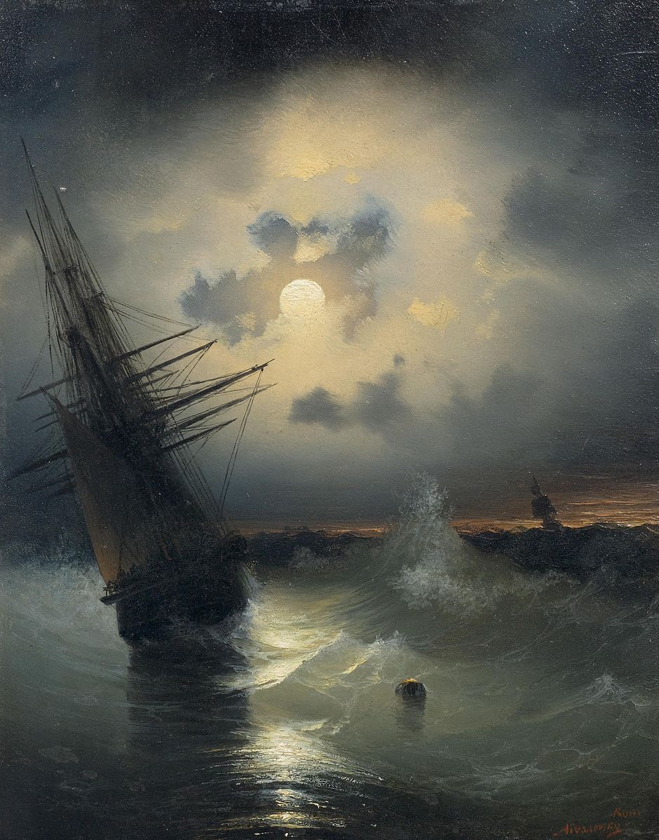 Sailing Shipon the Sea at Moonlight Painting by Ivan Aivazovsky Reproduction