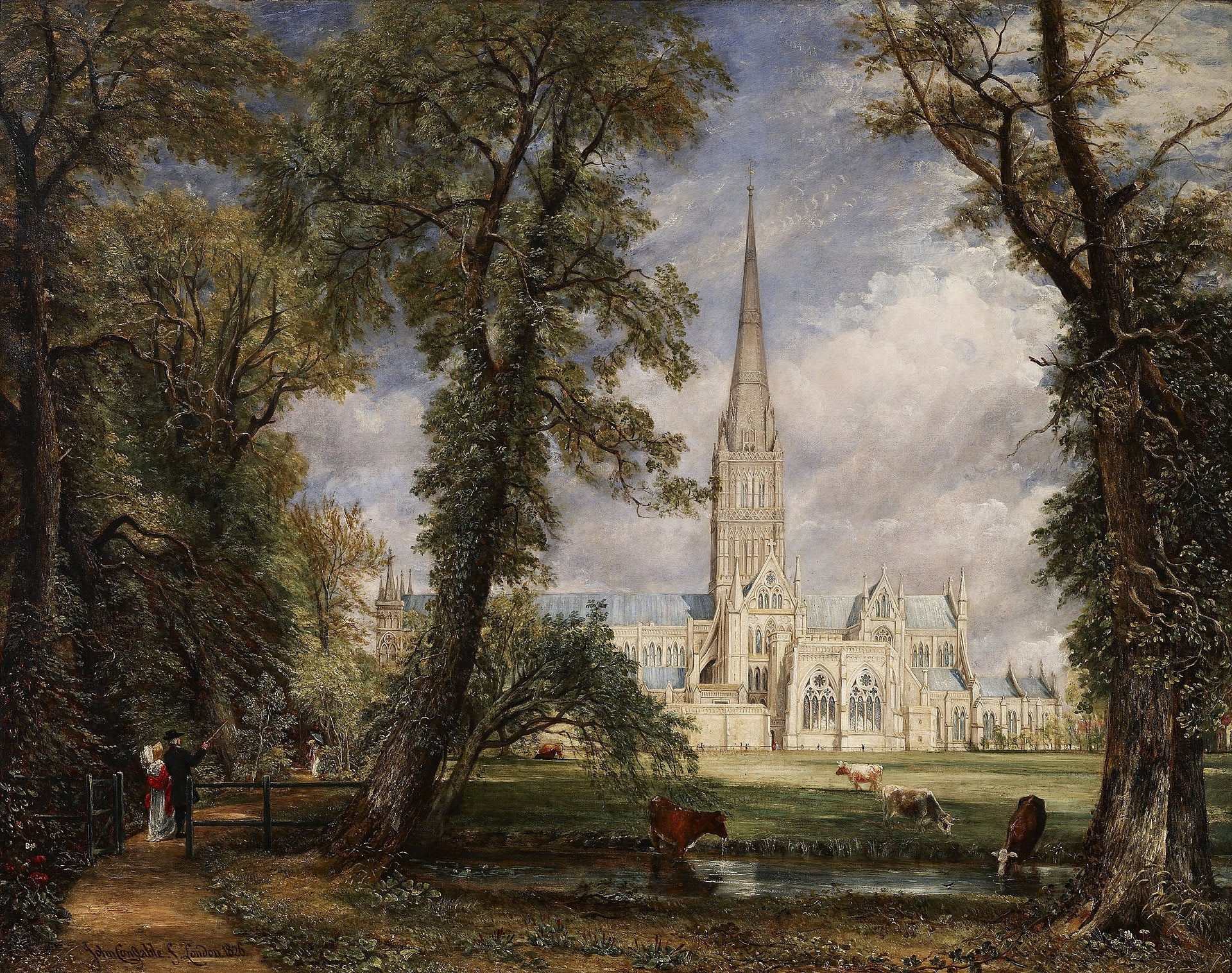 Salisbury Cathedral from the Bishop's Garden by John Constable Reproduction Painting for Sale - Frick Collection version - Blue Surf Art