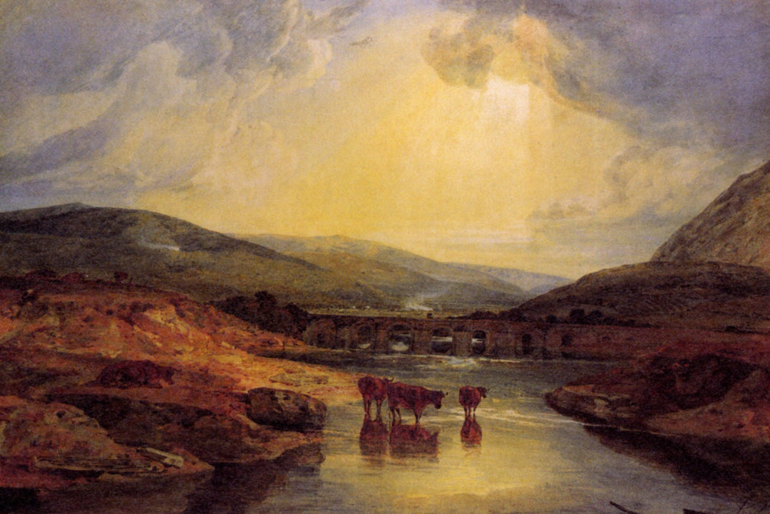 Abergavenny Bridge, Monmountshire by J. M. W. Turner. Turner artworks, Turner canvas art, J. M. W. Turner oil painting, Turner reproduction for sale. Landscape paintings, Turner art decor, Turner oil painting on canvas, Blue Surf Art