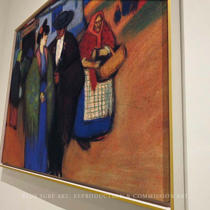 A spanish couple in front of inn by Pablo Picasso, Reproduction for Sale by Blue Surf Art - side view
