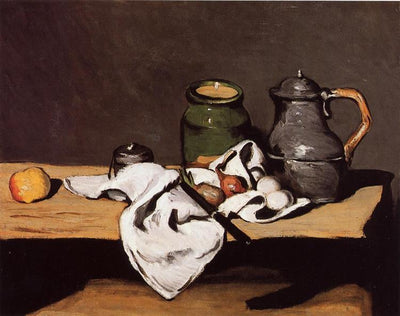 Still Life with Green Pot and Pewter Jug by Paul Cézanne Reproduction for Sale - Blue Surf Art