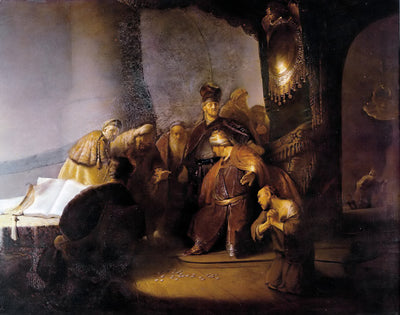 Judas Repentant, Returning the Pieces of Silver Painting by Rembrandt Reproduction for Sale by Blue Surf Art