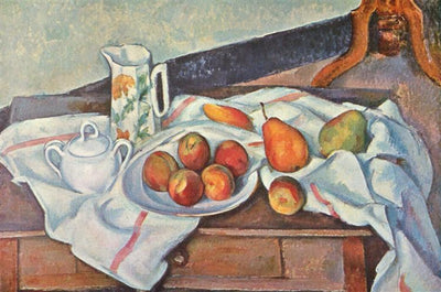 Still Life with Sugar Bowl, Jug and Plate of Fruit by Paul Cézanne Reproduction for Sale - Blue Surf Art