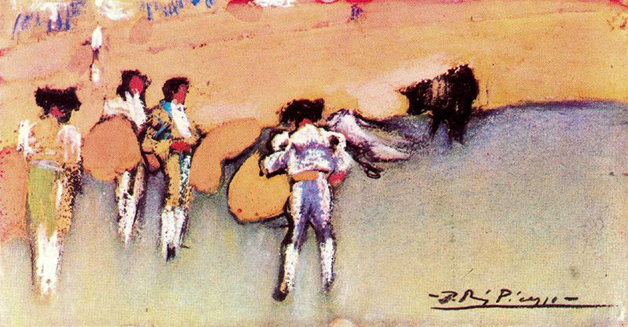 Bullfighters and bull waiting for the next move by Pablo Picasso. Picasso artworks, Picasso wall art, Picasso canvas art, Picasso reproduction for sale, Picasso oil painting on canvas, Blue Surf Art