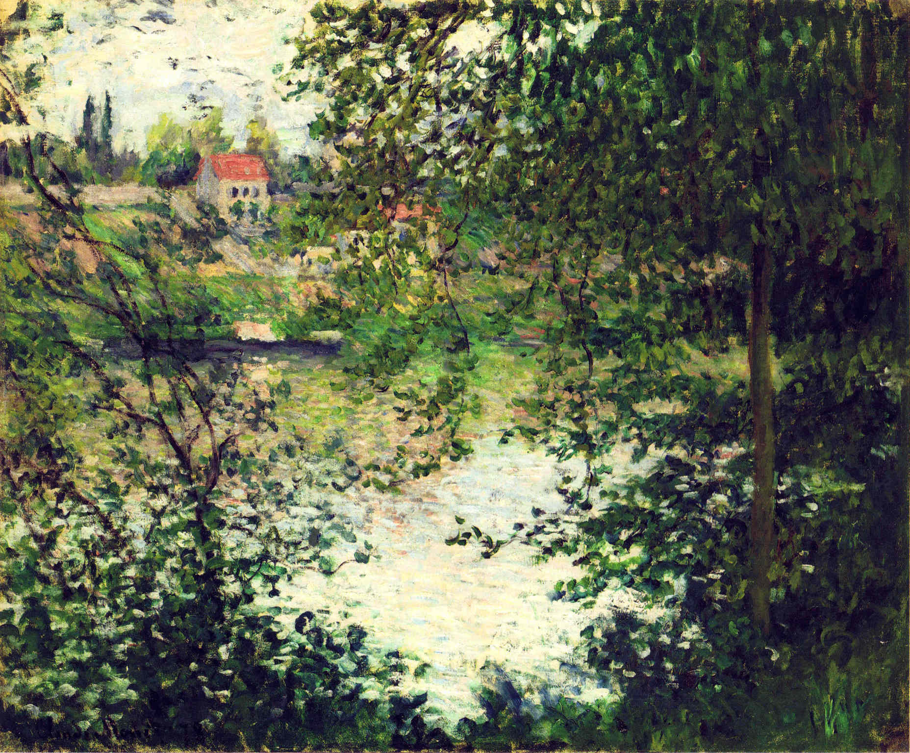 Ile de La Grande Jatte Through the Trees by Claude Monet. Monet canvas art, Monet artworks, Monet wall art, Monet Reproduction Painting for Sale. Blue Surf Art