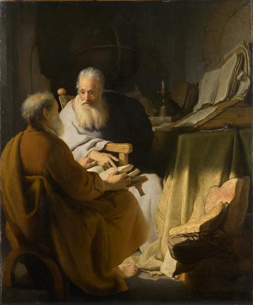 Two Old Men Disputing (St. Peter and St. Paul) Painting by Rembrandt Reproduction for Sale