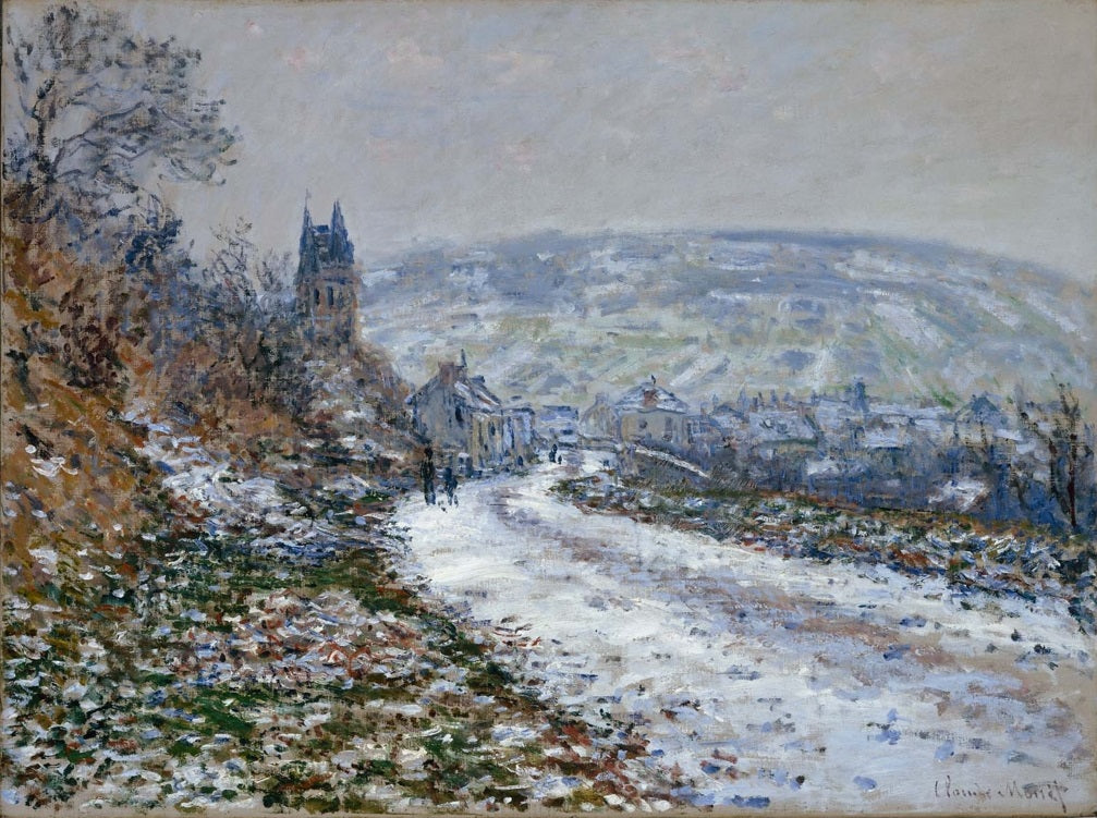 Entering the Village of Vetheuil in Winter by Claude Monet. Monet reproduction for sale. Blue Surf Art
