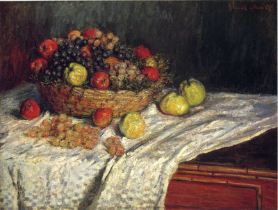 Fruit Basket with Apples and Grapes by Claude Monet. Blue surf Art