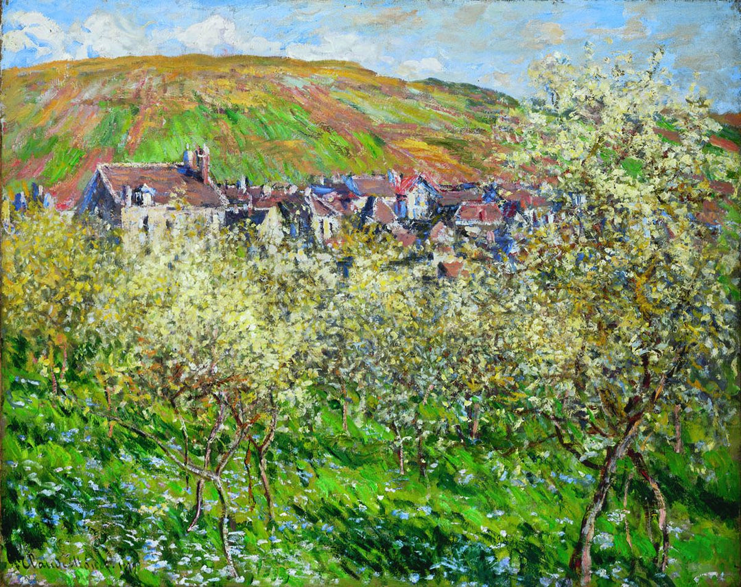 Plum Trees in Blossom at Vetheuil by Claude Monet. Blue Surf Art