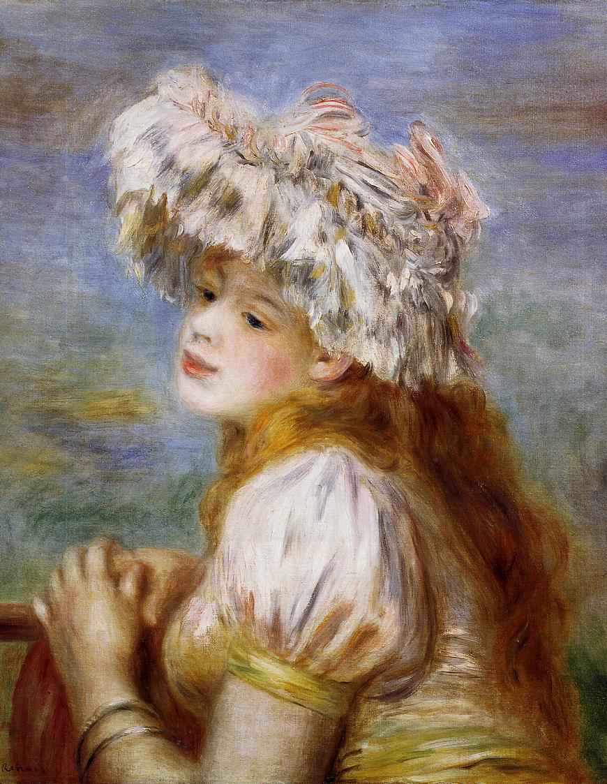 Girl in a lace hat 1891 by Pierre-Auguste Renoir Reproduction for Sale by Blue Surf Art