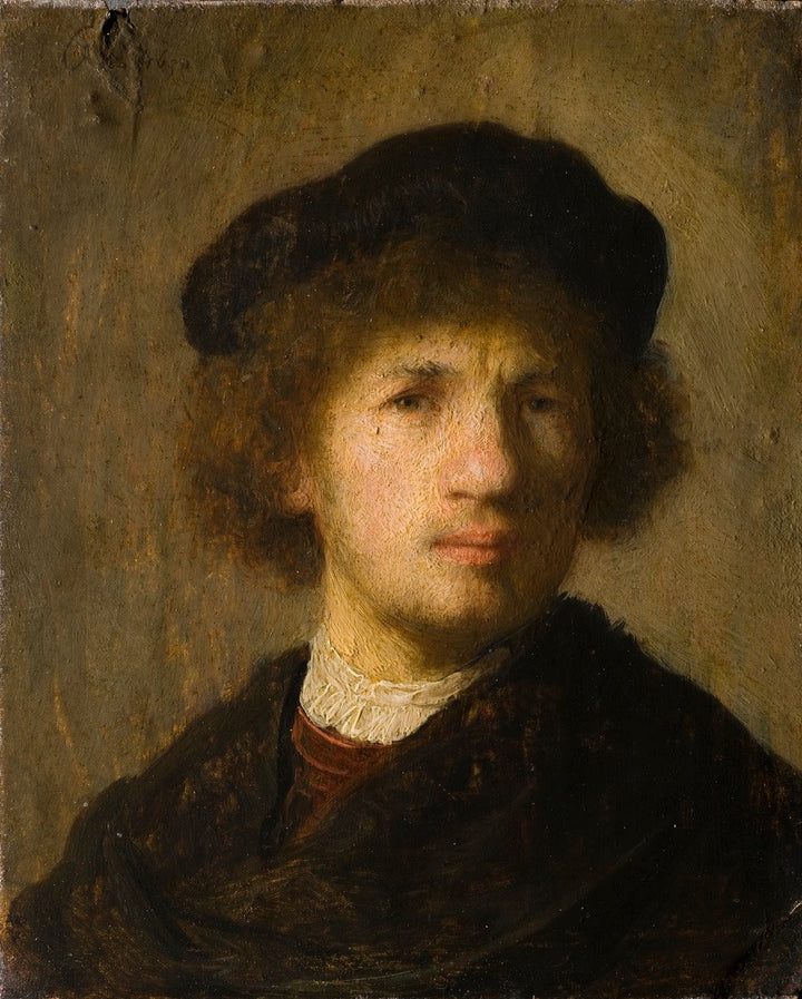 Self-portrait with Beret and Gathered Shirt (‘stilus mediocris’) Painting by Rembrandt Reproduction for Sale