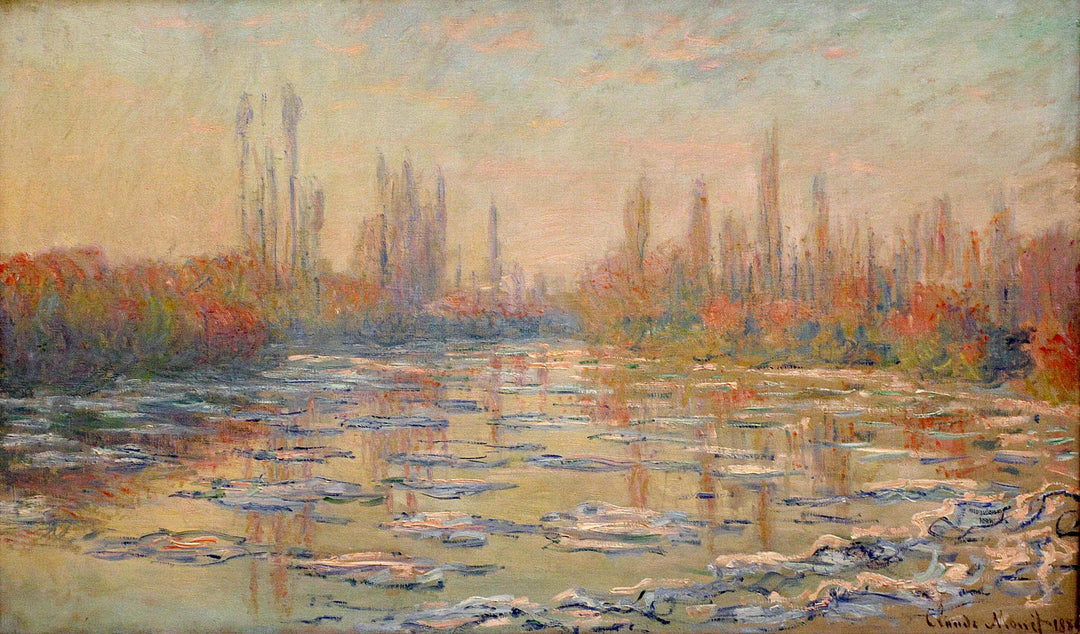 Floating Ice on the Seine II by Claude Monet. Claude Monet artworks, monet canvas art, monet oil painting, monet reproduction for sale. Landscape paintings, Monet art decor, monet oil painting on canvas, Blue Surf Art