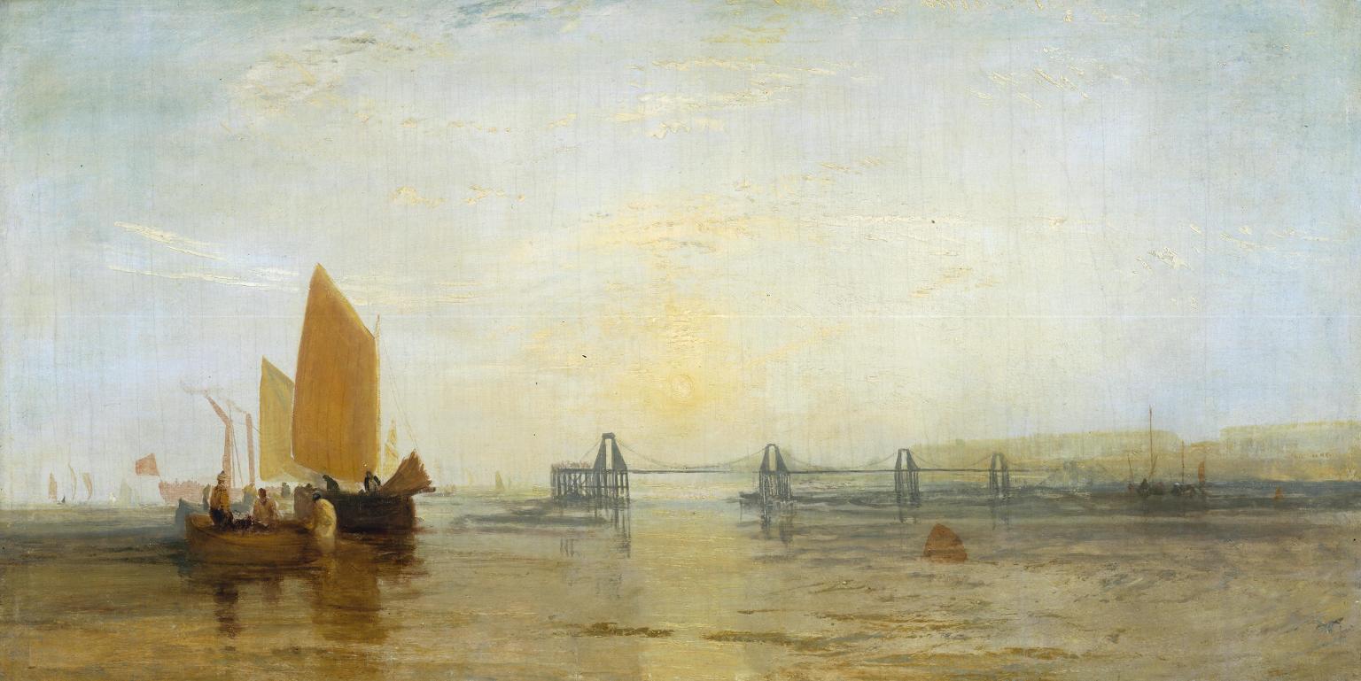 The Chain Pier, Brighton by J. M. W. Turner.  Turner artworks, Turner canvas art, J. M. W. Turner oil painting, Turner reproduction for sale. Landscape paintings, Turner art decor, Turner oil painting on canvas, Blue Surf Art