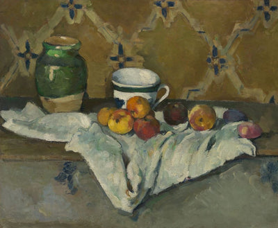 Still Life with Jar, Cup, and Apples by Paul Cézanne Reproduction for Sale - Blue Surf Art
